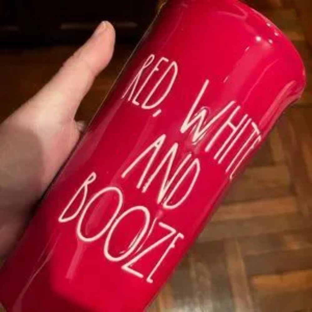 Rae Dunn Ceramic Travel Mug Red‎ White and Booze Patriotic Mug New